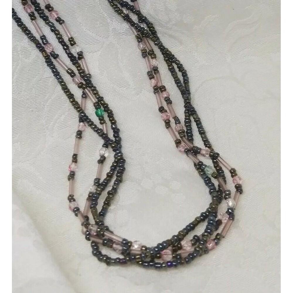 Premier Designs Seed Bead Necklace Glass Multi-Strand Gunmetal Grey Pink 19"